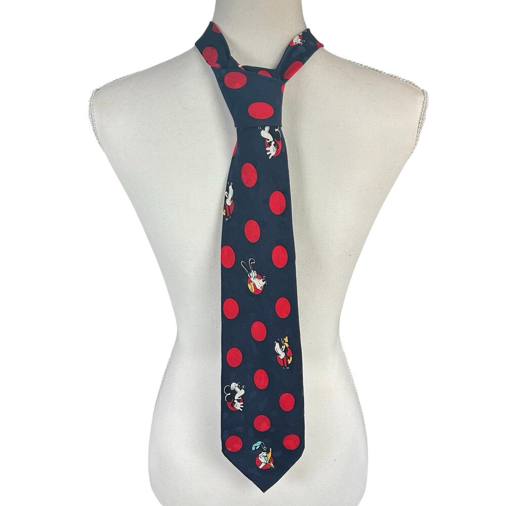 The Disney Store Silk Necktie Navy Blue Red Polka Dot Mickey Goofy Donald Duck